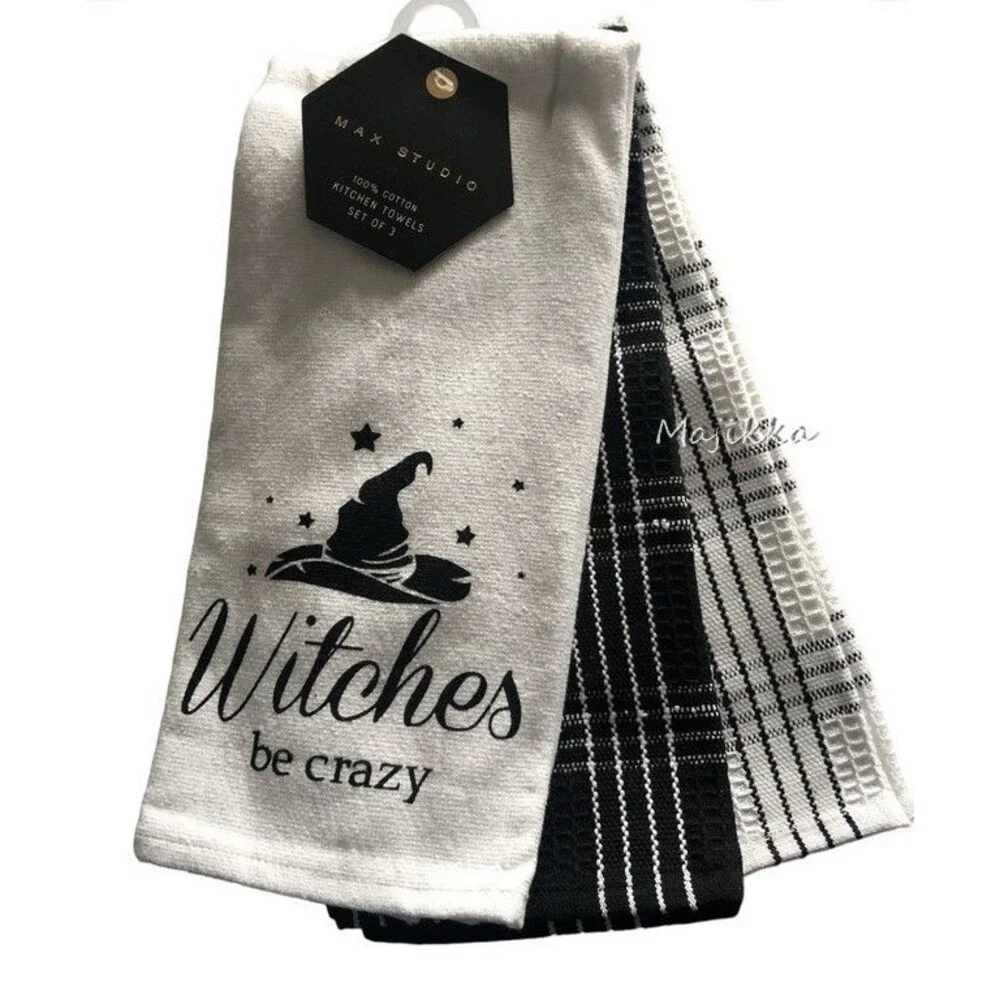 Max Studio Halloween Kitchen Dish Towels Witches Be Crazy Black White Set Of 3